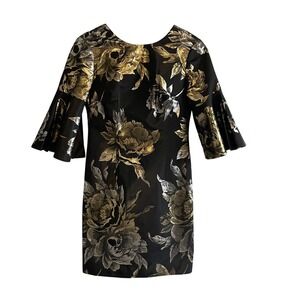 Trina Turk Black Gold Floral Print Bell Sleeve Sheath Dress‎ Size 2